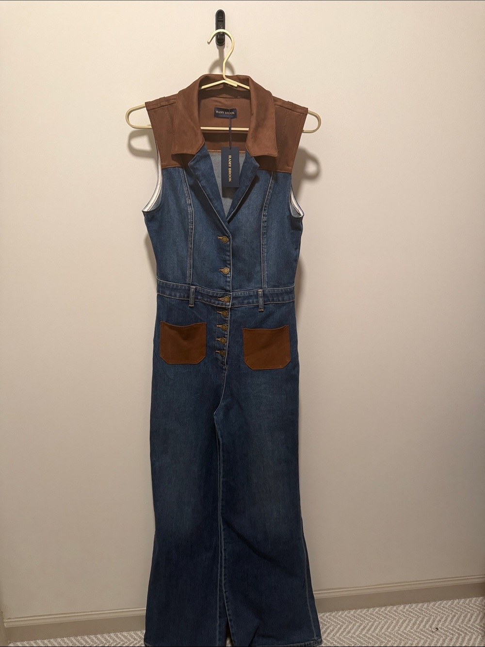 Ramy Brook Dark Blue Denim Sleeveless Jumpsuit with Brown Suede Accents